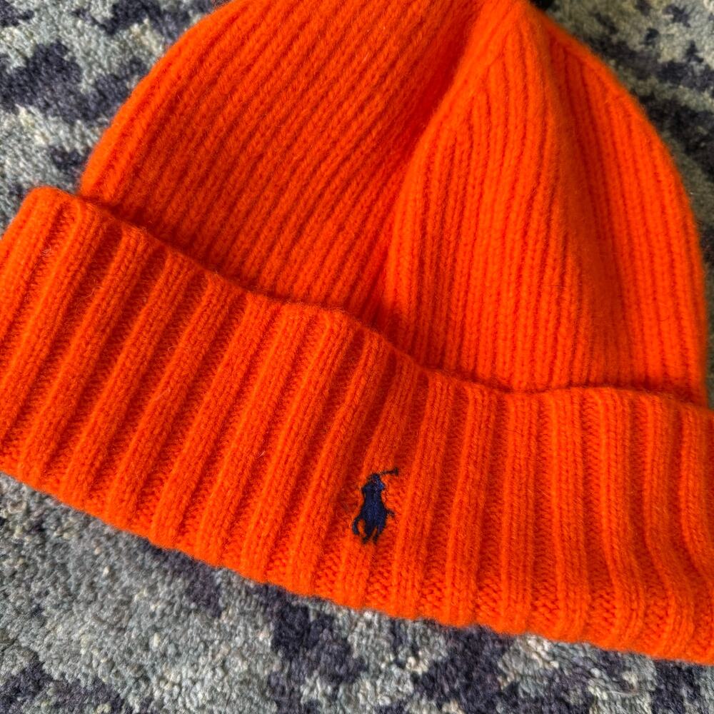 POLO Ralph Lauren Kid’s Wool Vibrant Orange Navy Blue Pony Graphic Pom Pom - Picture 2 of 7